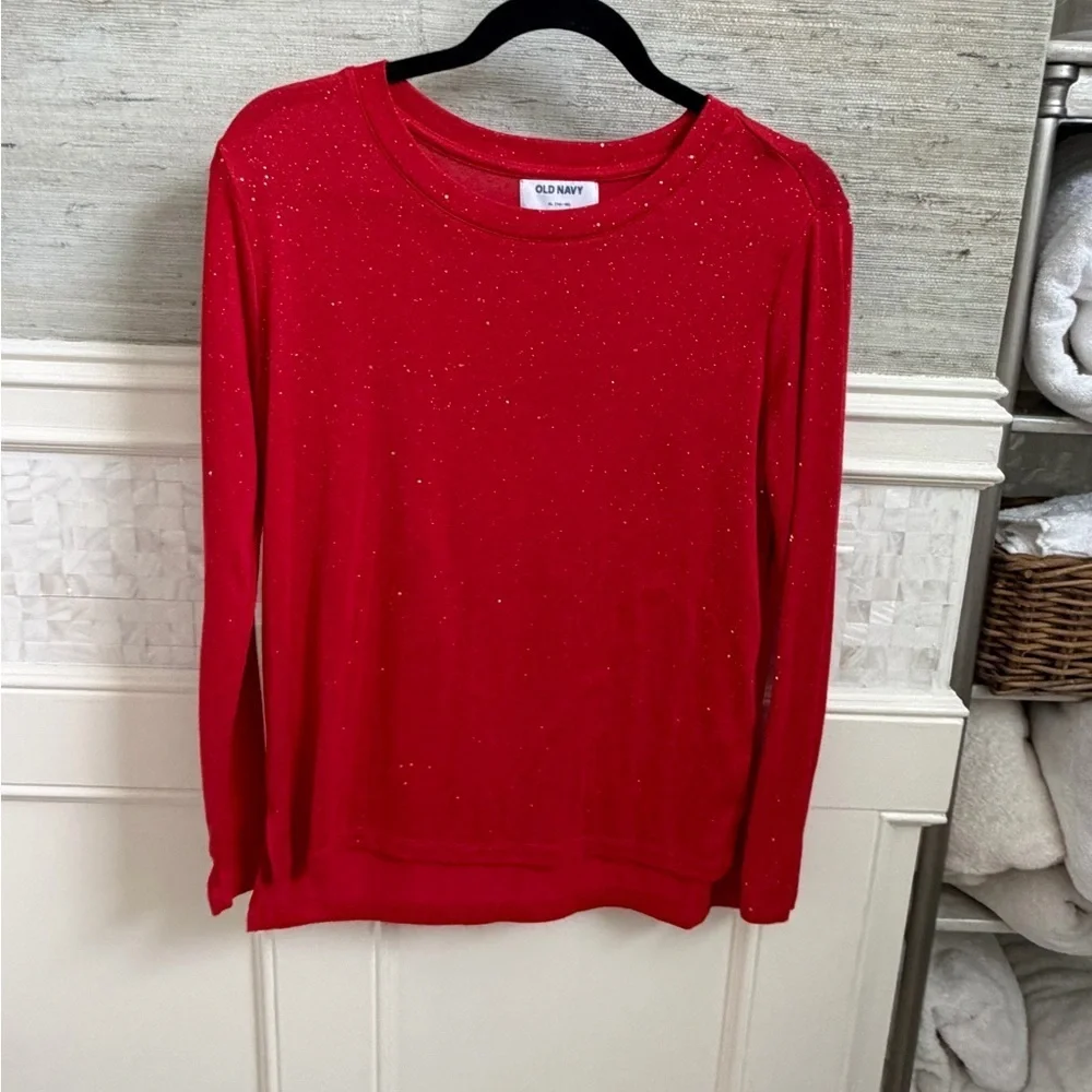 Girls XL 14 16 Old Navy Red Long Sleeve Tee glitter sparkle metallic top tee
